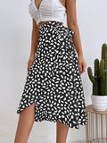 woloong Tied Waist Split-Front Printed Loose High-Low Skirts Bottoms