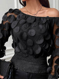 woloong Loose Puff Sleeves Elasticity Gauze See-Through Solid Color Split-Joint Round-neck Blouses
