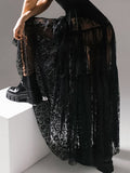 woloong Split-Joint See-Through Mesh Jacquard Hollow Elasticity Loose High Waisted Skirts Bottoms