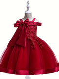 Elegant Girls' Embroidery Cold Shoulder Bow Tutu Dress Kids Clothes Gift Christmas