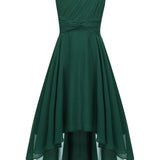 Knee High Elegant One-Shoulder Chiffon Fit and Flare Dress for Girls - Shimmering Rhinestone, Medium Stretch, Sleeveless, Pleated Hem, Solid Color, Hand Wash - Perfect for Junior Bridesmaid, Wedding, Pageant, and Party Occasions