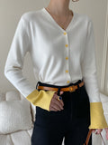 woloong Split-Joint Contrast Color Buttoned Long Sleeves Flared Sleeves V-Neck Cardigan Tops