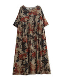 woloong Floral Printed Short Sleeves Puff Sleeves Round-Neck Midi Dresses
