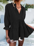 woloong Split-Joint Solid Color Pleated Elasticity Three-Quarter Sleeves Loose V-Neck T-Shirts Tops