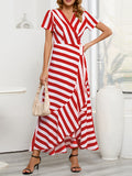 woloong Tied Striped Split-Joint Short Sleeves Loose V-Neck Maxi Dresses