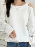 woloong Solid Color Hollow Loose Long Sleeves Round-Neck T-Shirts Tops