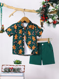 Boys' Christmas Printed 2-Piece Outfit, Polyester Fabric, Party Style, Non-Stretch, Random Print, Regular Fit, Woven, Button Detail, Shorts Set for Toddler Boys, for Outdoor