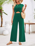 woloong Tied Solid Color Knot Hollow Backless Wide Pants Sleeveless Round-Neck Jumpsuits