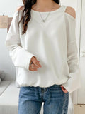 woloong Solid Color Hollow Loose Long Sleeves Round-Neck T-Shirts Tops