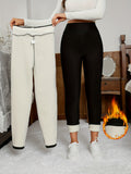 1pc Thermal Fleece-Lined High-Waist Leggings, Butt-Lifting, Slim-Fit, Mid-Stretch Warm Base Layer Pants Indoor & Outdoor Activities, Solid Black For Fall & Winter