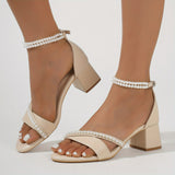 Elegant Solid Color Chunky Heel Sandals - Faux Pearl Ankle Strap, Hollow Out, Dressy, Formal, Comfortable, Adjustable Strap, Slip-Resistant Shoes for Women