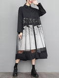 woloong Split-Joint Printed Gauze Buttoned Loose Long Sleeves Lapel Midi Dresses