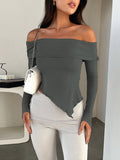 woloong Solid Color Skinny Long Sleeves Off-The-Shoulder T-Shirts