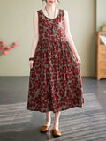 woloong Floral Printed Drawstring Sleeveless Oversize Round-neck Midi Dresses