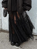 woloong Split-Joint See-Through Mesh Jacquard Hollow Elasticity Loose High Waisted Skirts Bottoms