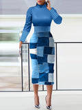 woloong Split-back Printed Pockets Contrast Color Long Sleeves Bodycon High Neck Midi Dresses