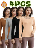 4 Pcs Thermal Underwear for Women, Solid Plush Lined Long Sleeve Round Neck Base Top, Fall & Winter Lingerie Set
