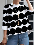 woloong Polka-Dot Three-Quarter Sleeves Loose Stand Collar T-Shirts Tops