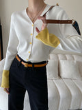 woloong Split-Joint Contrast Color Buttoned Long Sleeves Flared Sleeves V-Neck Cardigan Tops
