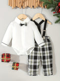 2pcs, Bodysuit With A Bow Tie And Xmas/Black And Grey Plaid Suspenders Pants For Baby Boys, Outdoor Cloth