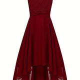 Knee High Elegant One-Shoulder Chiffon Fit and Flare Dress for Girls - Shimmering Rhinestone, Medium Stretch, Sleeveless, Pleated Hem, Solid Color, Hand Wash - Perfect for Junior Bridesmaid, Wedding, Pageant, and Party Occasions