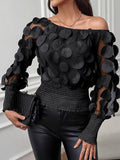 woloong Loose Puff Sleeves Elasticity Gauze See-Through Solid Color Split-Joint Round-neck Blouses