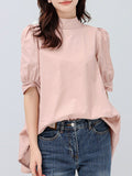 woloong Solid Color Pleated Bowknot Loose Half Sleeves Mock Neck Blouses&Shirts Tops