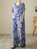 woloong Printed Short Sleeves Loose V-Neck Maxi Dresses