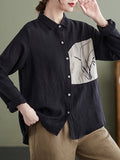 woloong Vintage Long Sleeves Loose Embroidered Lapel Collar Blouses&Shirts Tops