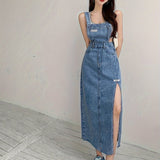 Split Side Plain Washed Blue Retro Style Raw Hem Overall Denim Dress, Women's Denim Jeans & Clothing