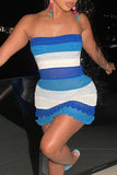 woloong - Blue Sexy Patchwork Backless Contrast Strapless Wrapped Skirt Dresses