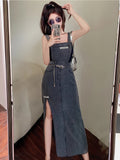 Split Side Plain Washed Grey Retro Style Denim Overall Dress, Women's Denim Jeans & Clothing