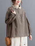 woloong Plaid Ramie Cotton Plus Szie Long Sleeve Shirts