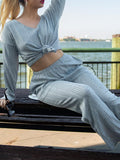 woloong V-Neck Long Sleeves Loose Solid Color Shirt Top + Pants Bottom Pajama Sets