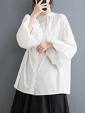 woloong Solid Color Pleated Hollow Buttoned Puff Sleeves Nine-Minute Sleeve Round-Neck Blouses&Shirts Tops