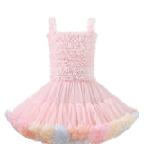 Girls Delightful Cotton Princess Tutu Dress - Sleeveless, Ruffled Bodice, Halter Neck, Multi-Layered Tulle Skirt with Floral Accents - Soft Nylon Fabric, Slight Stretch, Hand Wash Only, Perfect for Summer Party