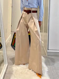 woloong High Waisted Loose Pleated Solid Color Split-Joint Pants Trousers