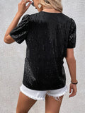 woloong Split-Joint Shiny Sequined Short Sleeves Loose V-Neck T-Shirts