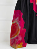 woloong High Waisted Wide Leg Asymmetric Contrast Color Floral Printed Split-Joint Pants Trousers