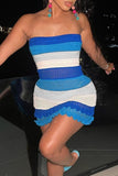 woloong - Blue Sexy Patchwork Backless Contrast Strapless Wrapped Skirt Dresses