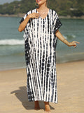 woloong Sun Protection Split-Side Printed Short Sleeves Loose V-Neck Maxi Dresses