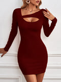 woloong Solid Color Hollow Asymmetric Long Sleeves Bodycon Asymmetric Collar Mini Dresses