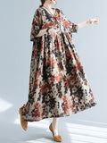 woloong Floral Printed Short Sleeves Puff Sleeves Round-Neck Midi Dresses