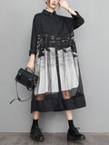woloong Split-Joint Printed Gauze Buttoned Loose Long Sleeves Lapel Midi Dresses