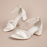 Elegant Solid Color Chunky Heel Sandals - Faux Pearl Ankle Strap, Hollow Out, Dressy, Formal, Comfortable, Adjustable Strap, Slip-Resistant Shoes for Women
