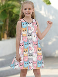 Charming Cat Print Girls' Sleeveless Dress - Soft, Breathable Fabric - Perfect for Summer Playdates & Casual Outings