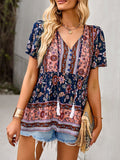 woloong Tied Tasseled Split-Joint Flower Print Buttoned Short Sleeves Loose V-Neck T-Shirts Tops