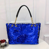 Oversized Sparkling Sequin Tote Bag - Fashion Metal Chain Shoulder Strap - Durable & Versatile for Work, Commuting - Everyday Glamour for Professionals