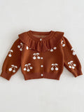 Adorable Cherry Pattern Ruffle Decor Knitted Cardigan - Soft Cotton, Casual Button Down, Toddler & Infant Girl's Fall Winter Sweater - Perfect for Daily Wear, Photoshoots, and Special Occasions