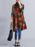 woloong Artistic Retro Loose Long Sleeves Contrast Color Plaid Heaps Collar Midi Dresses